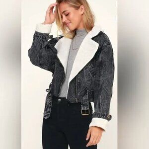 ASTR Black Denim Moto Jacket with White Sherpa Lining